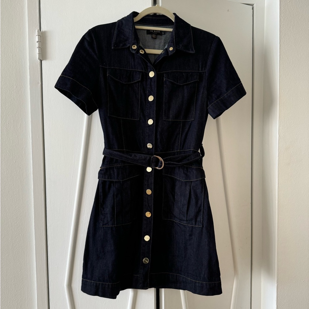 Ted Baker Navy Denim Utilitarian Dress with Gold Accents